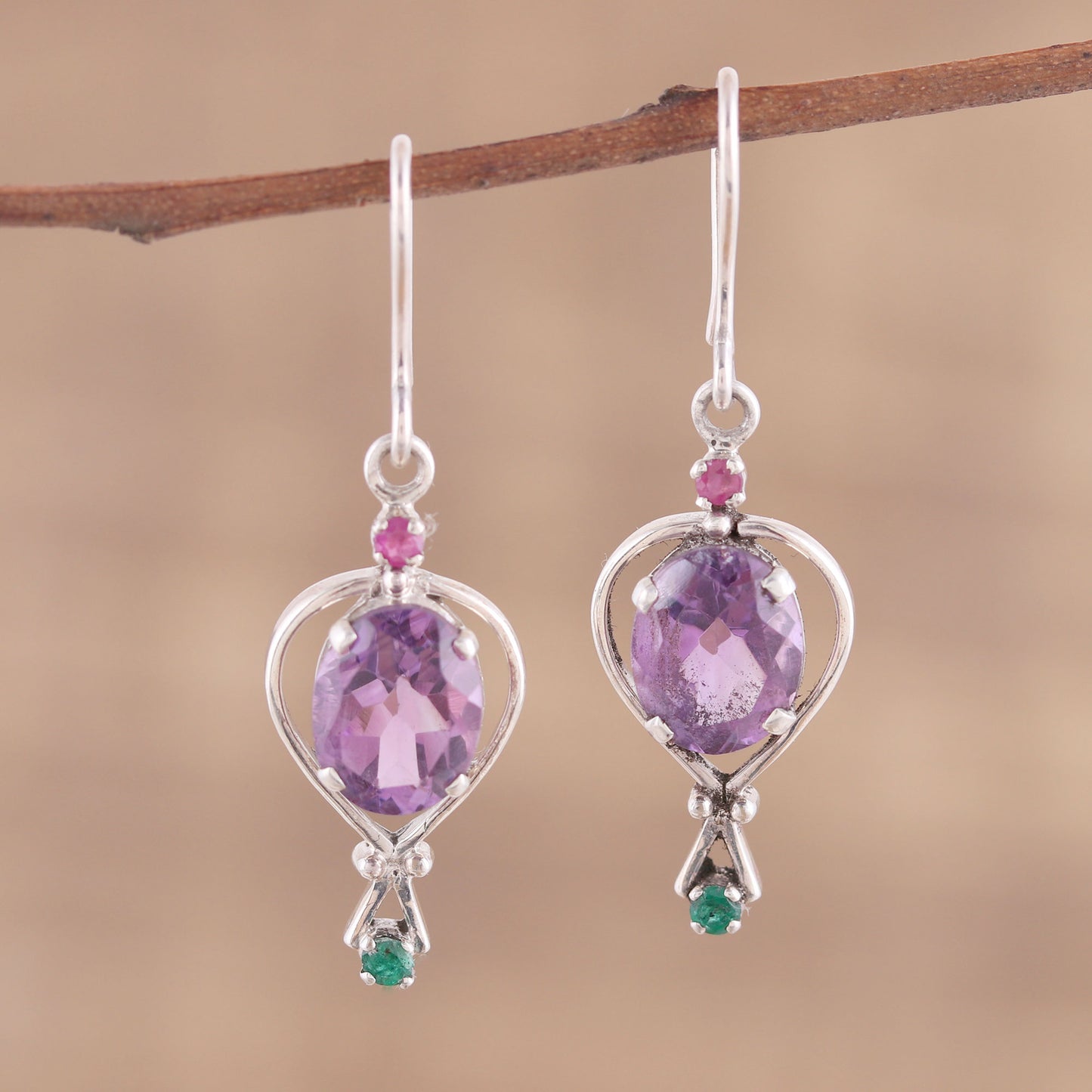 Sparkling Allure Amethyst Emerald and Ruby Dangle Earrings from India