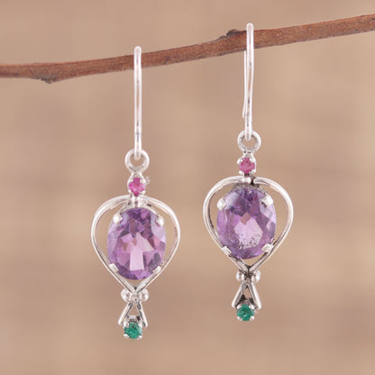 Sparkling Allure Amethyst Emerald and Ruby Dangle Earrings from India