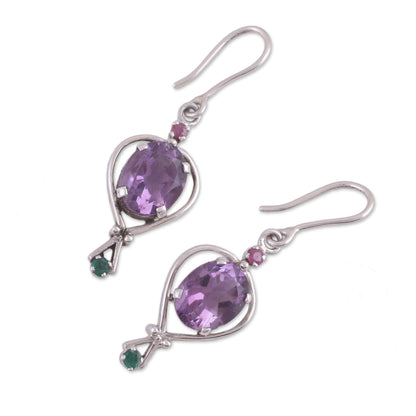 Sparkling Allure Amethyst Emerald and Ruby Dangle Earrings from India