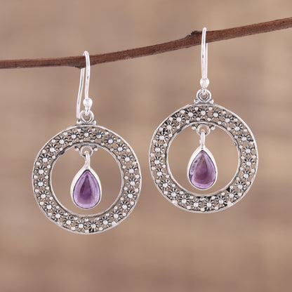 Floral Loop in Purple Amethyst and Sterling Silver Floral Motif Dangle Earrings