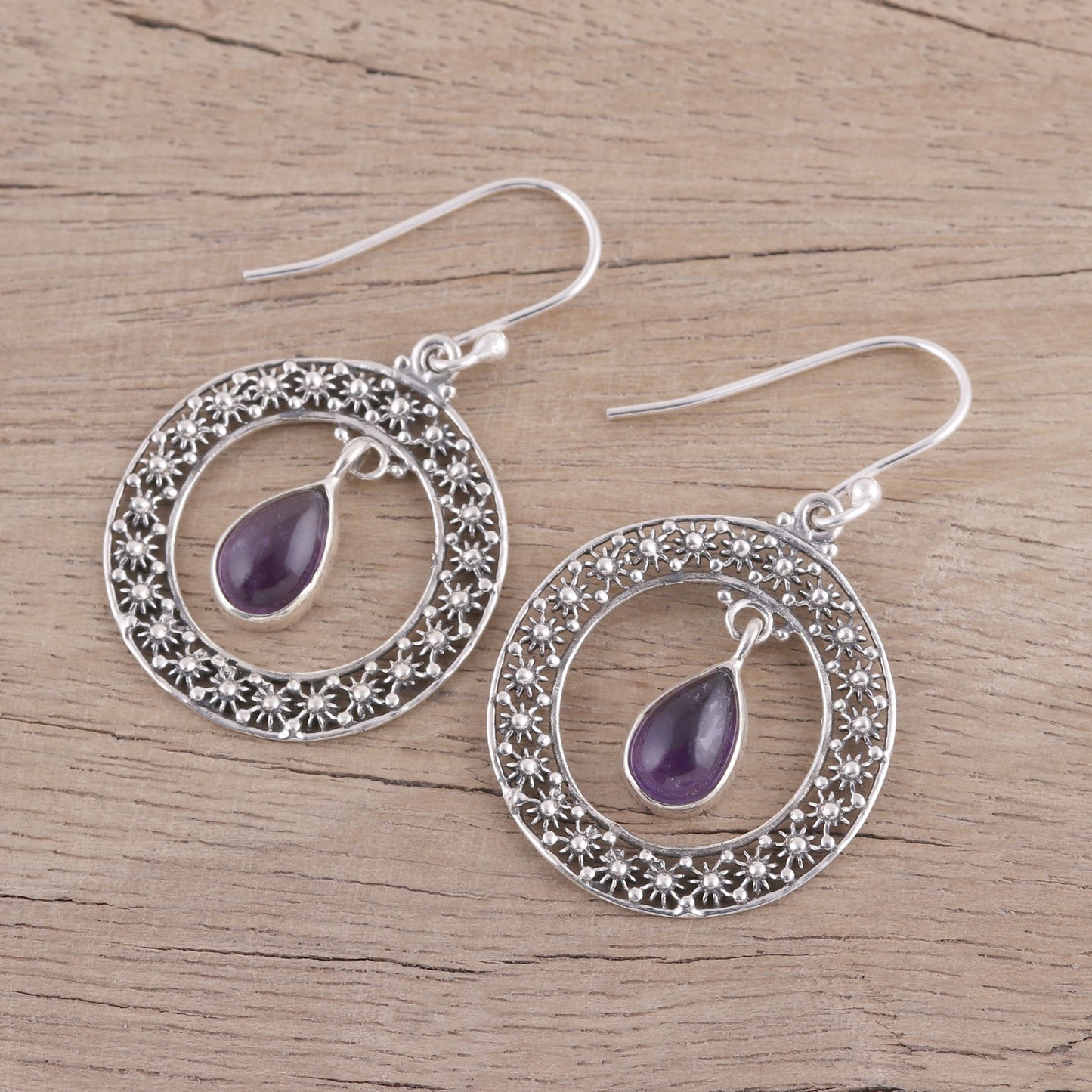 Floral Loop in Purple Amethyst and Sterling Silver Floral Motif Dangle Earrings