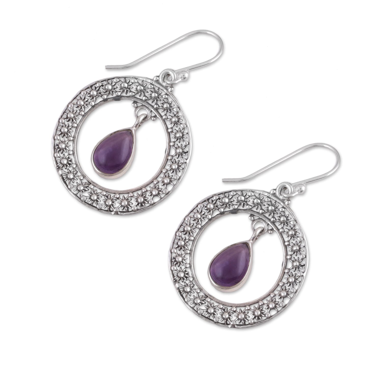 Floral Loop in Purple Amethyst and Sterling Silver Floral Motif Dangle Earrings