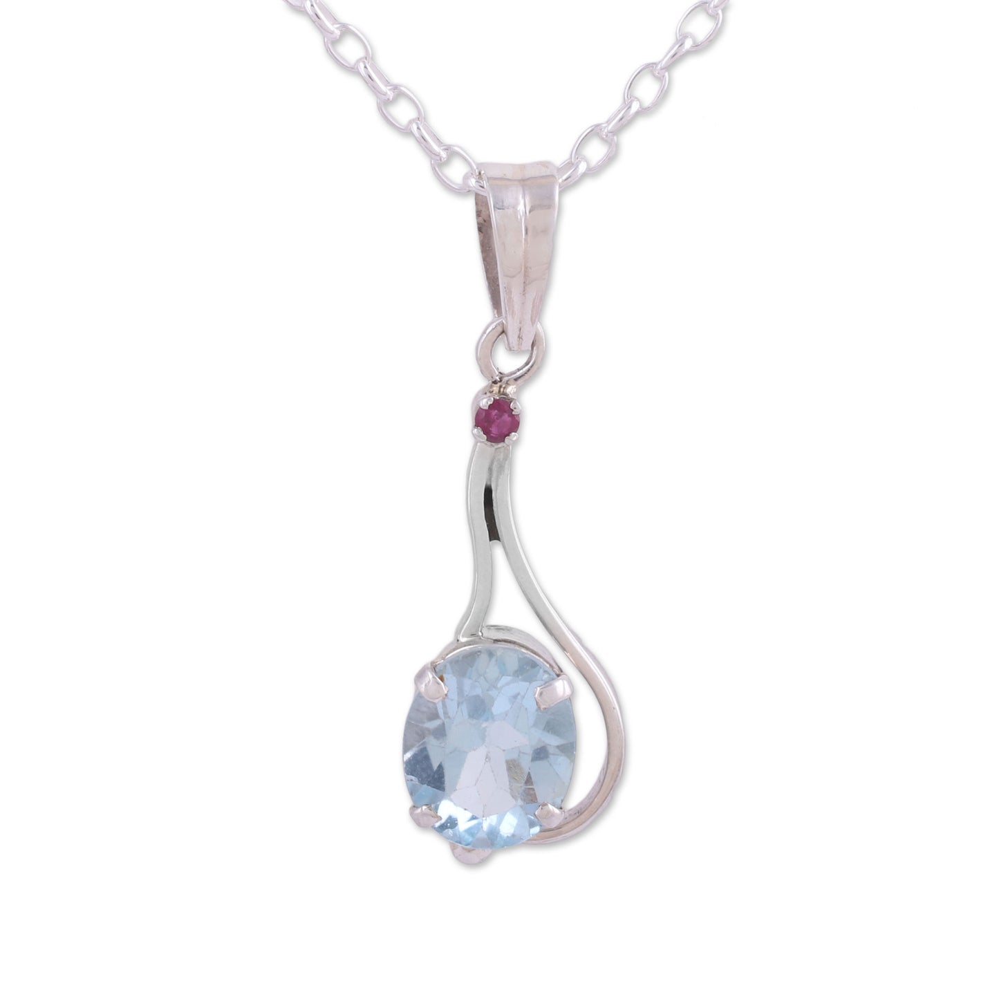 Enthralling Sky Blue Topaz and Ruby Pendant Necklace from India