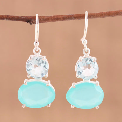 Regal Air Blue Topaz and Chalcedony Prong Set Dangle Earrings