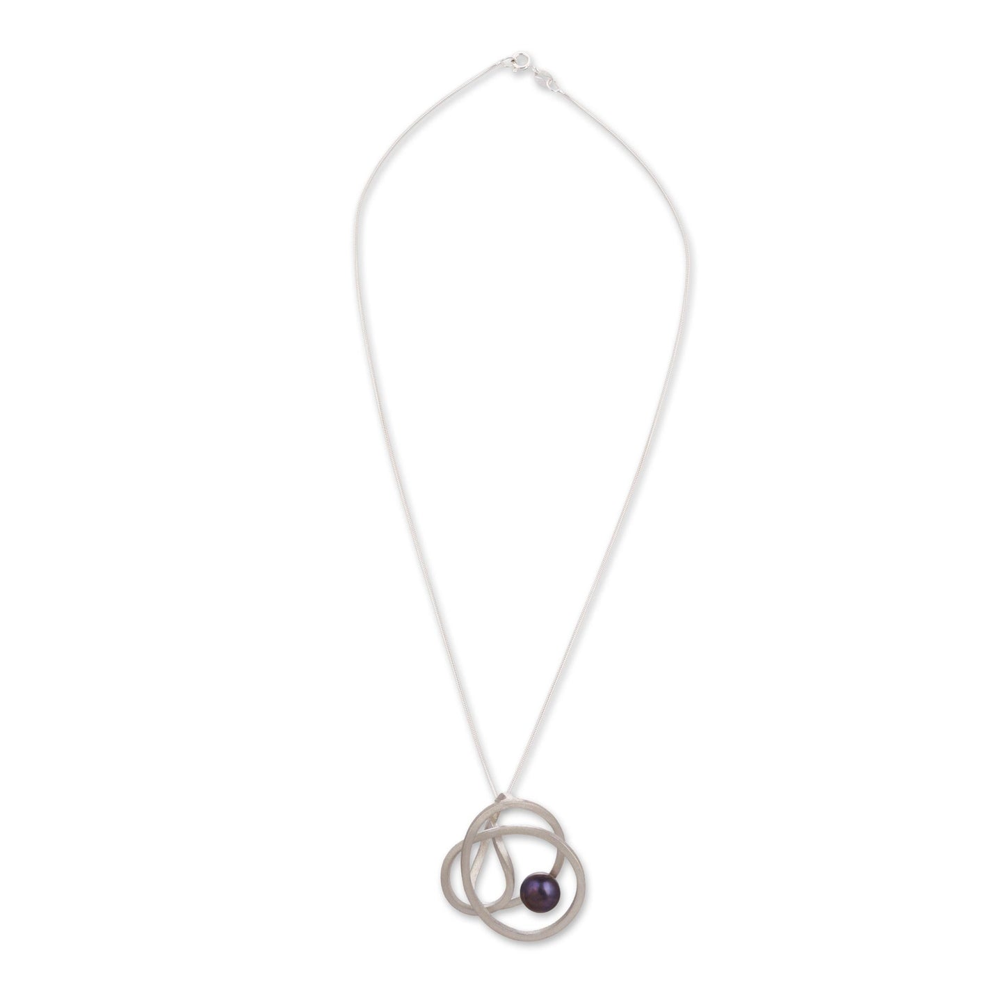 Dark Amazon Nest Modern Silver Necklace with a Dark Grey Cultured Pearl