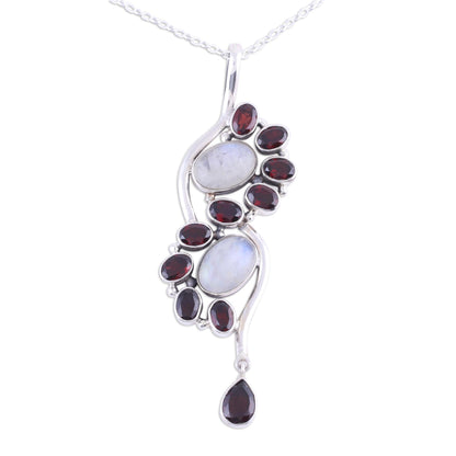 Sparkling Spiral Garnet and Rainbow Moonstone Pendant Necklace from India