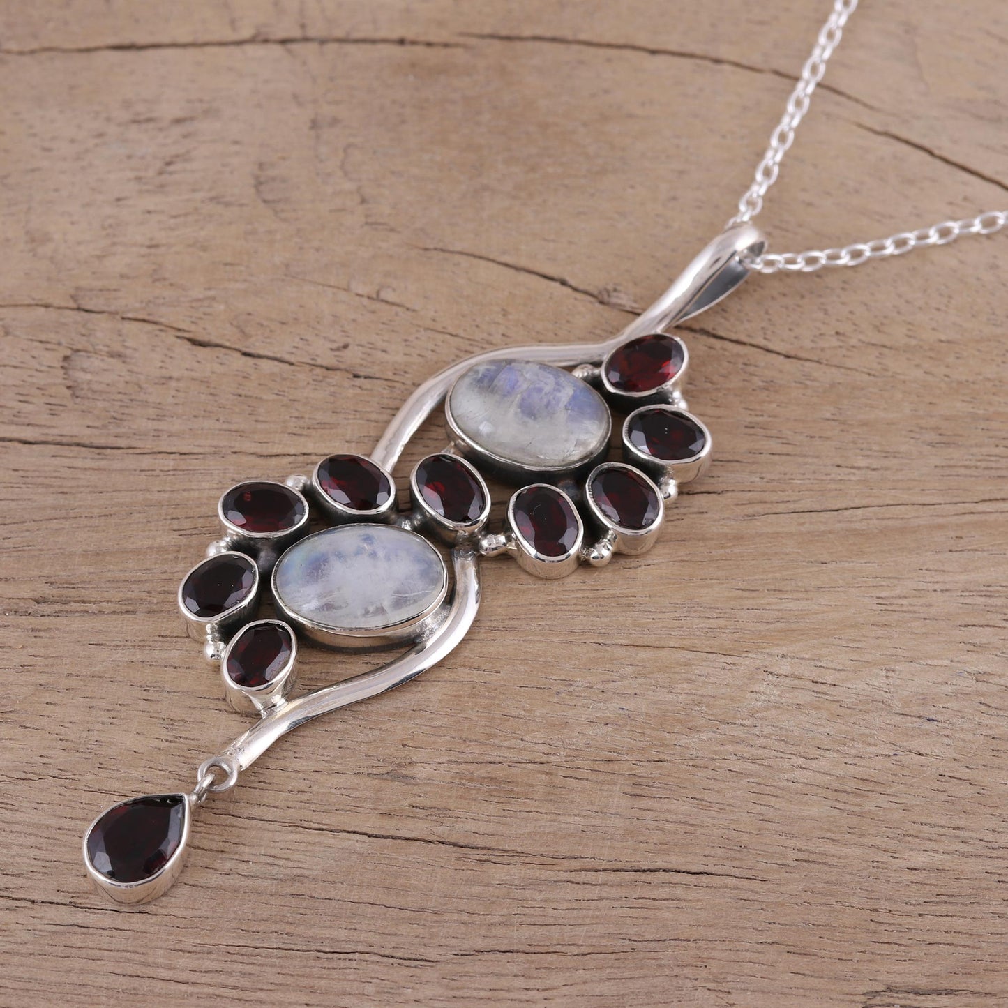 Sparkling Spiral Garnet and Rainbow Moonstone Pendant Necklace from India