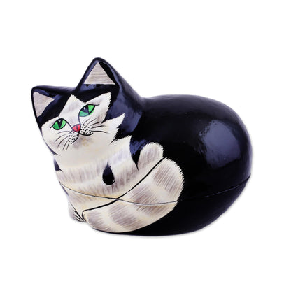 Majestic Cat Hand-Painted Papier Mache Cat Decorative Box from India