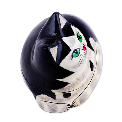 Majestic Cat Hand-Painted Papier Mache Cat Decorative Box from India