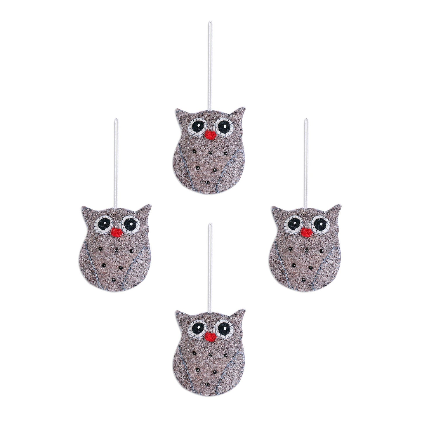 Midnight Quartet Set of Four Handcrafted Wool Owl Ornaments from India