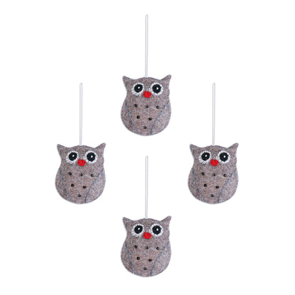 Midnight Quartet Set of Four Handcrafted Wool Owl Ornaments from India