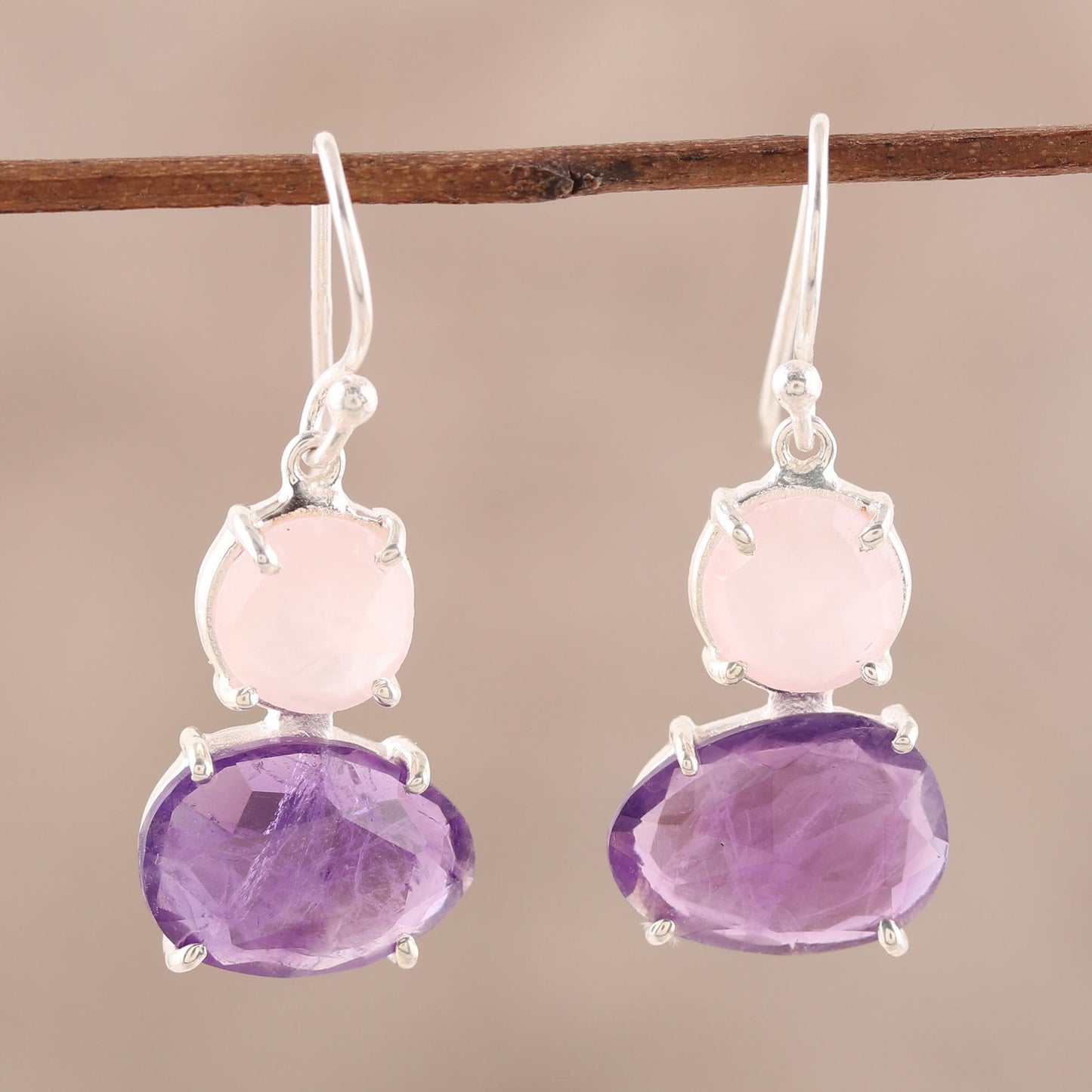 Regal Air Dangle Earrings from India with Amethyst and Rose Quartz