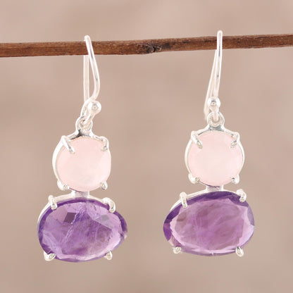 Regal Air Dangle Earrings from India with Amethyst and Rose Quartz
