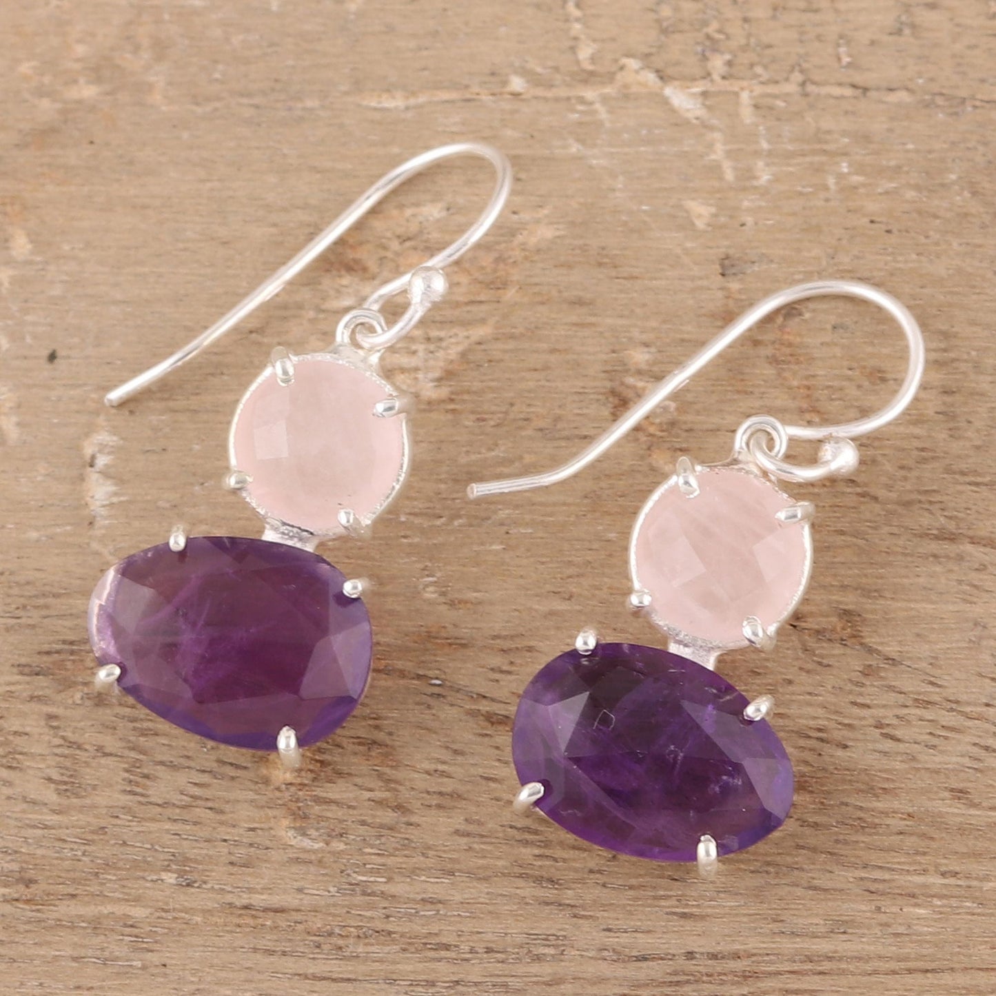Regal Air Dangle Earrings from India with Amethyst and Rose Quartz