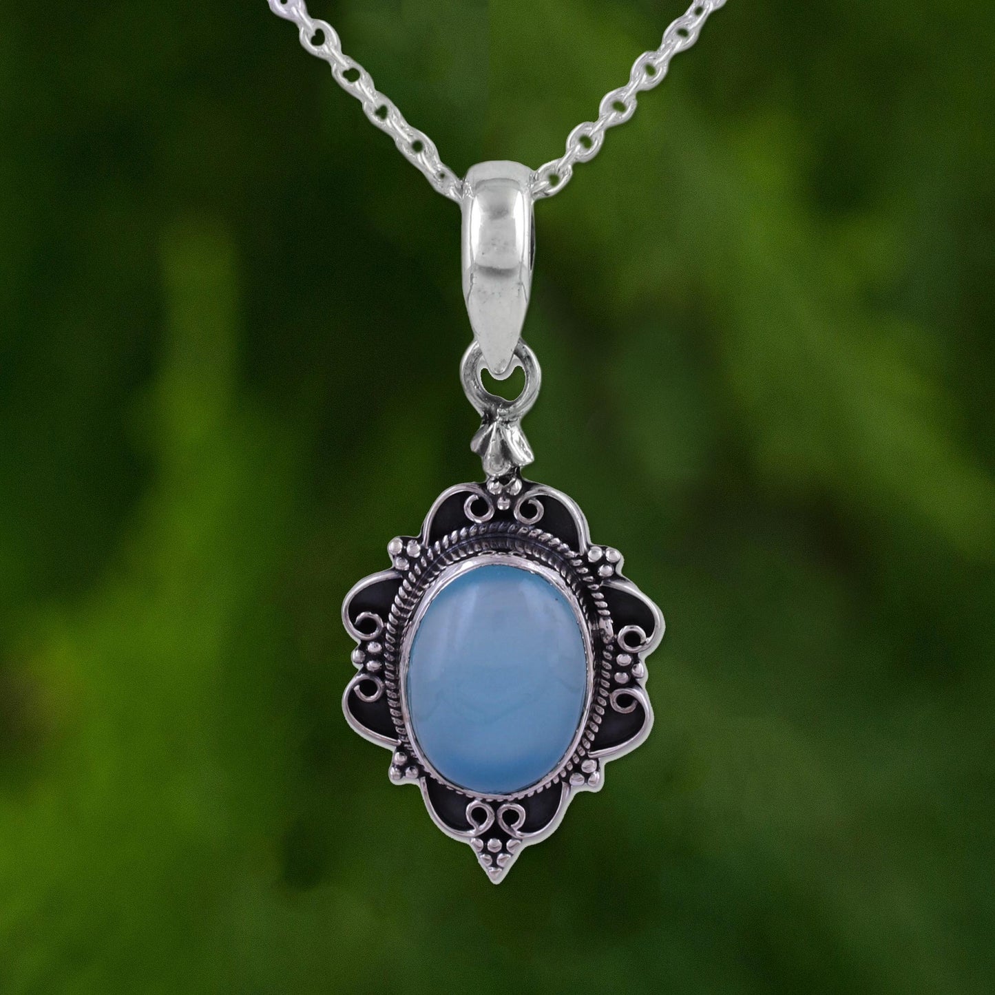 Blue Damsel Oval Shaped Chalcedony and Sterling Silver Pendant Necklace