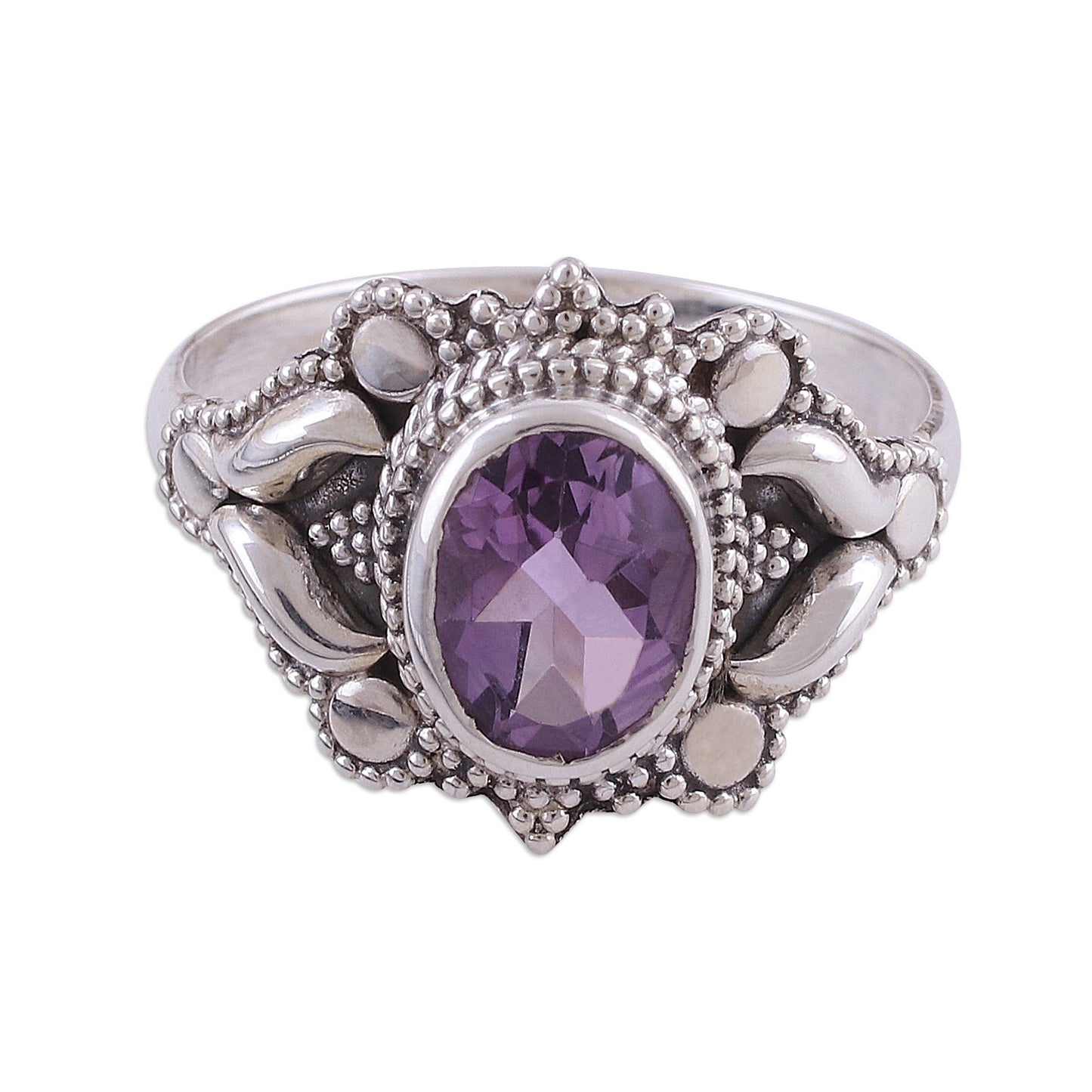 Ethereal Tendrils Oval Amethyst and Sterling Silver Cocktail Ring from India