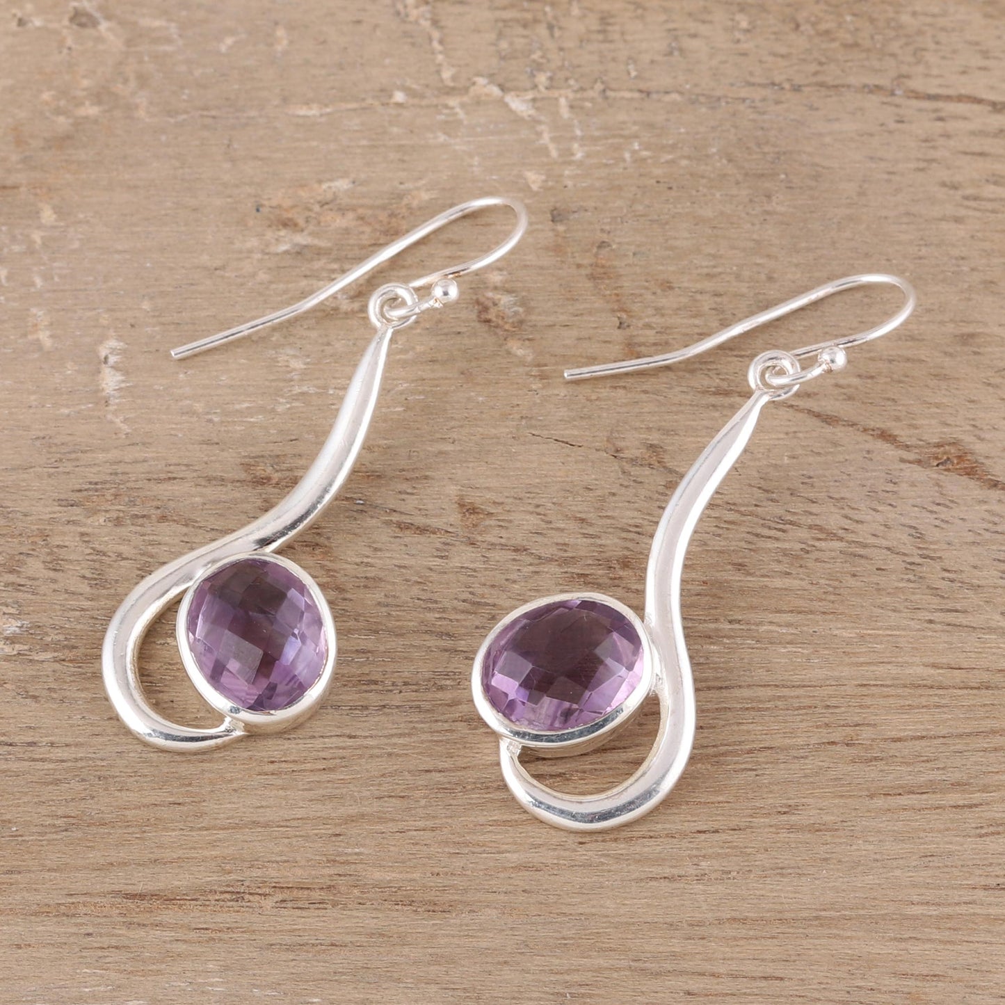 Cool Sabarmati 8 Carat Amethyst and Polished Silver Dangle Earrings