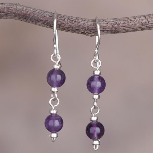 Andean Emotion Dangle Earrings in Sterling Silver with Two Amethyst Beads