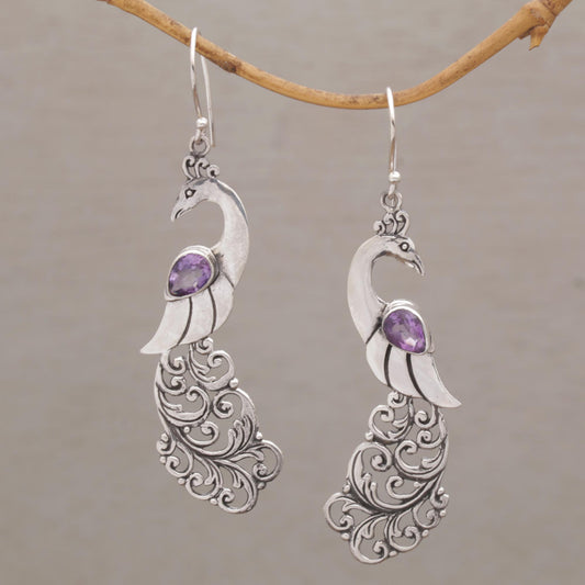 Merak Amethyst and Sterling Silver Peafowl Dangle Earrings