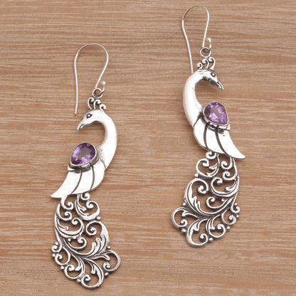 Merak Amethyst and Sterling Silver Peafowl Dangle Earrings