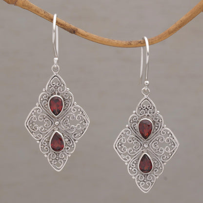 Besakih Beauty Ornate Dangle Earrings with Garnets and Sterling Silver