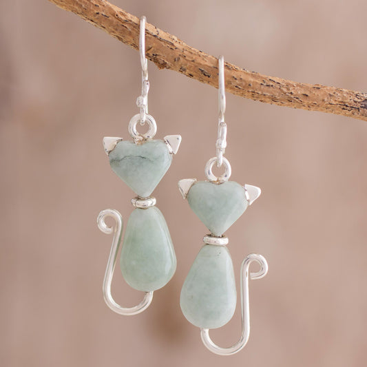 Cats of Love in Light Green Jade Cat Dangle Earrings in Light Green from Guatemala