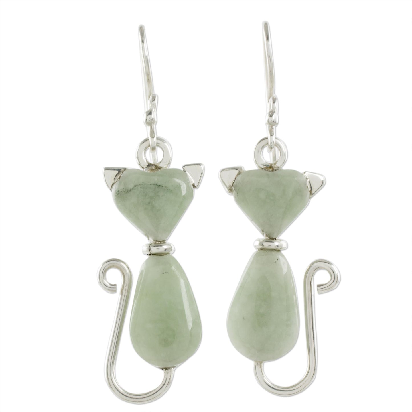 Cats of Love in Light Green Jade Cat Dangle Earrings in Light Green from Guatemala