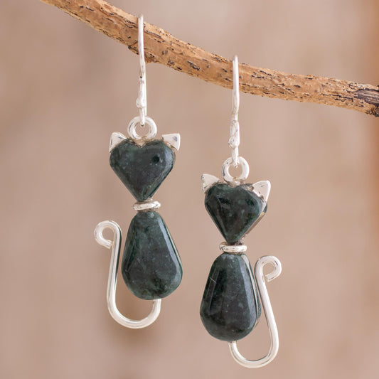 Cats of Love in Dark Green Jade Cat Dangle Earrings in Dark Green from Guatemala