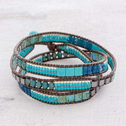 Mayan Monolith Glass Beaded Wrap Bracelet in Turquoise from Guatemala