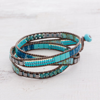 Mayan Monolith Glass Beaded Wrap Bracelet in Turquoise from Guatemala