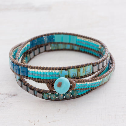 Mayan Monolith Glass Beaded Wrap Bracelet in Turquoise from Guatemala