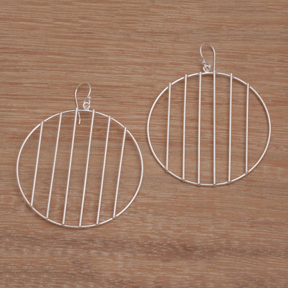 Linescope Sterling Silver Vertical Lines Circle Dangle Earrings