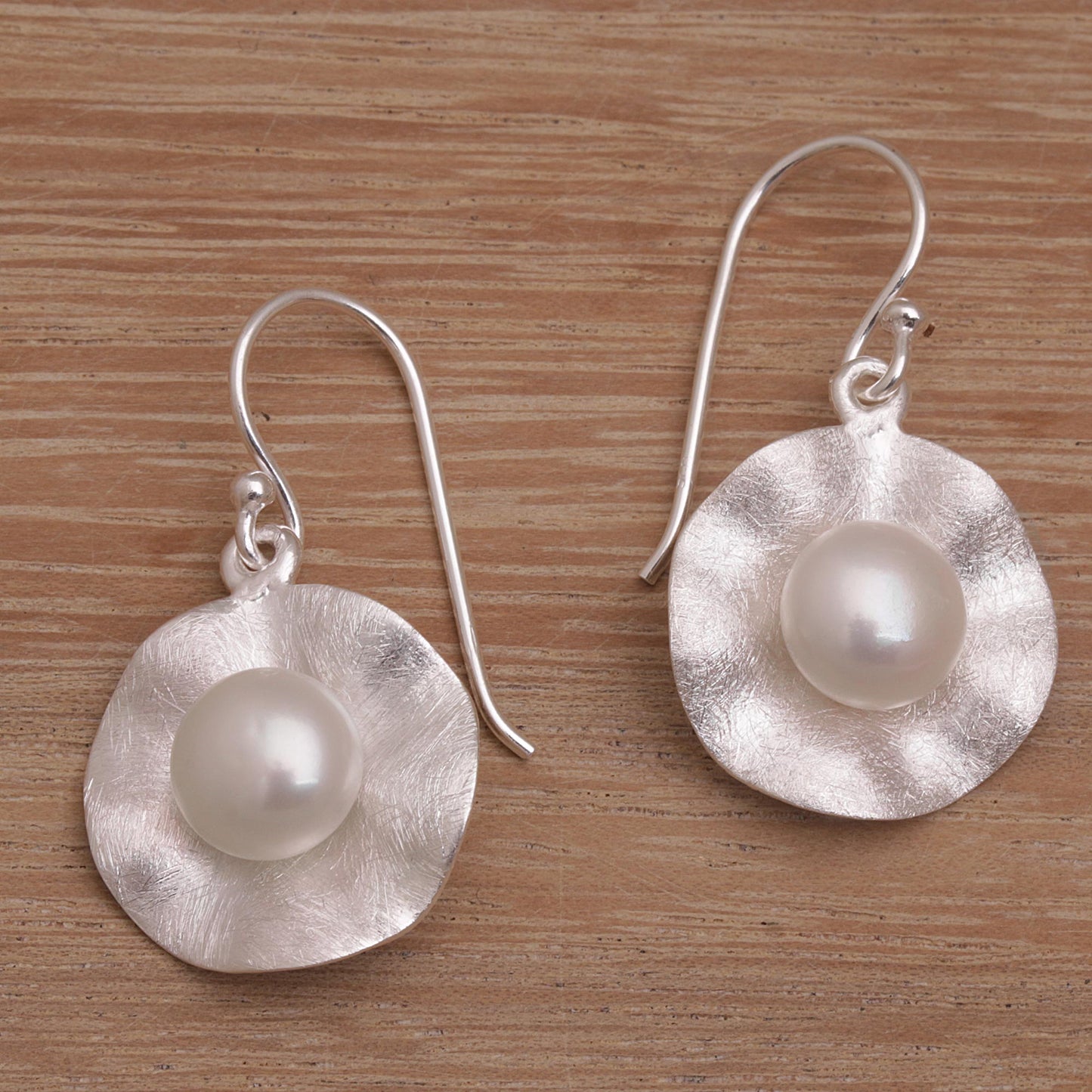 Lily Pad Glow Cultured Pearl and Brushed Sterling Silver Earrings