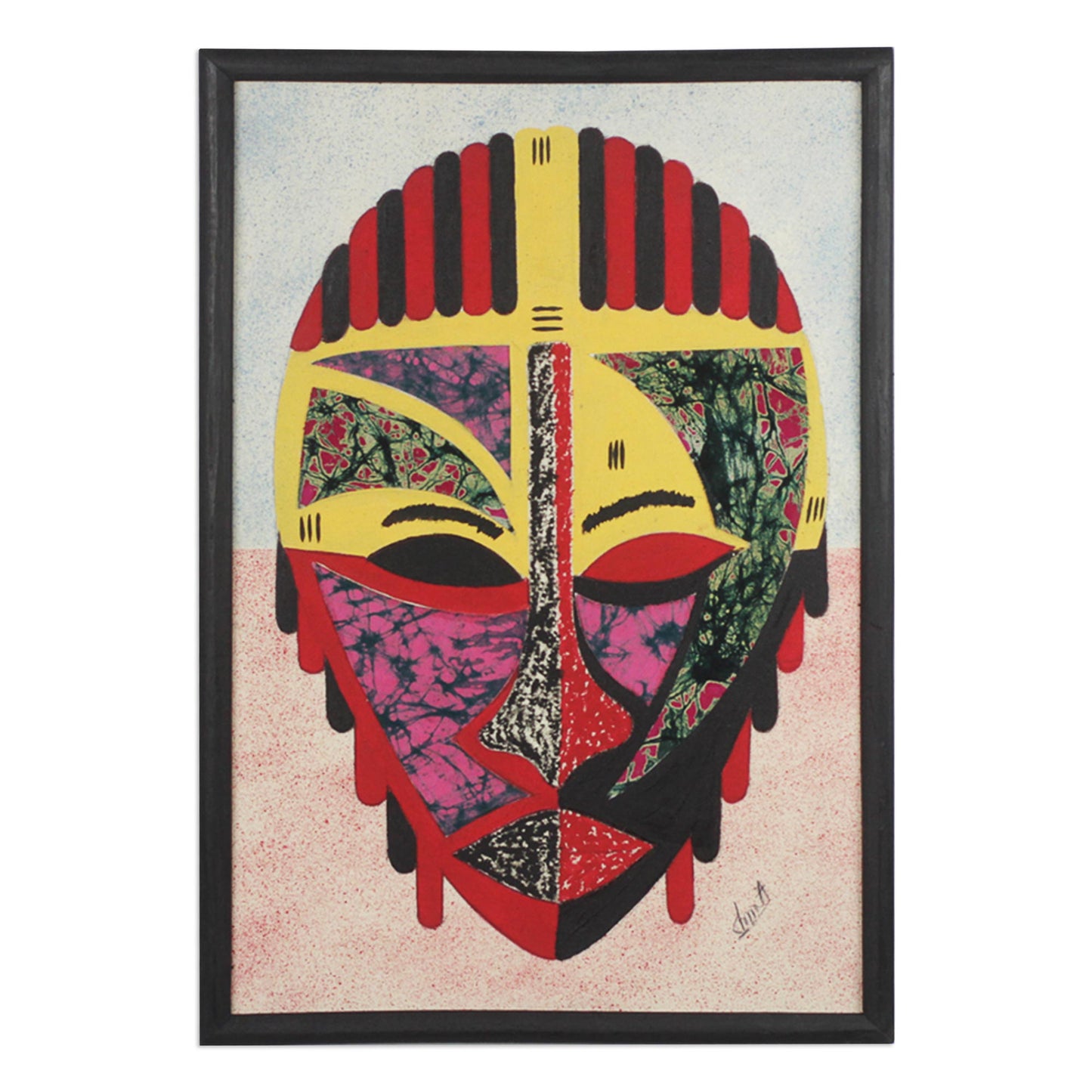 Obrapa Cotton Batik African Mask Oil on Cotton Collage from Ghana