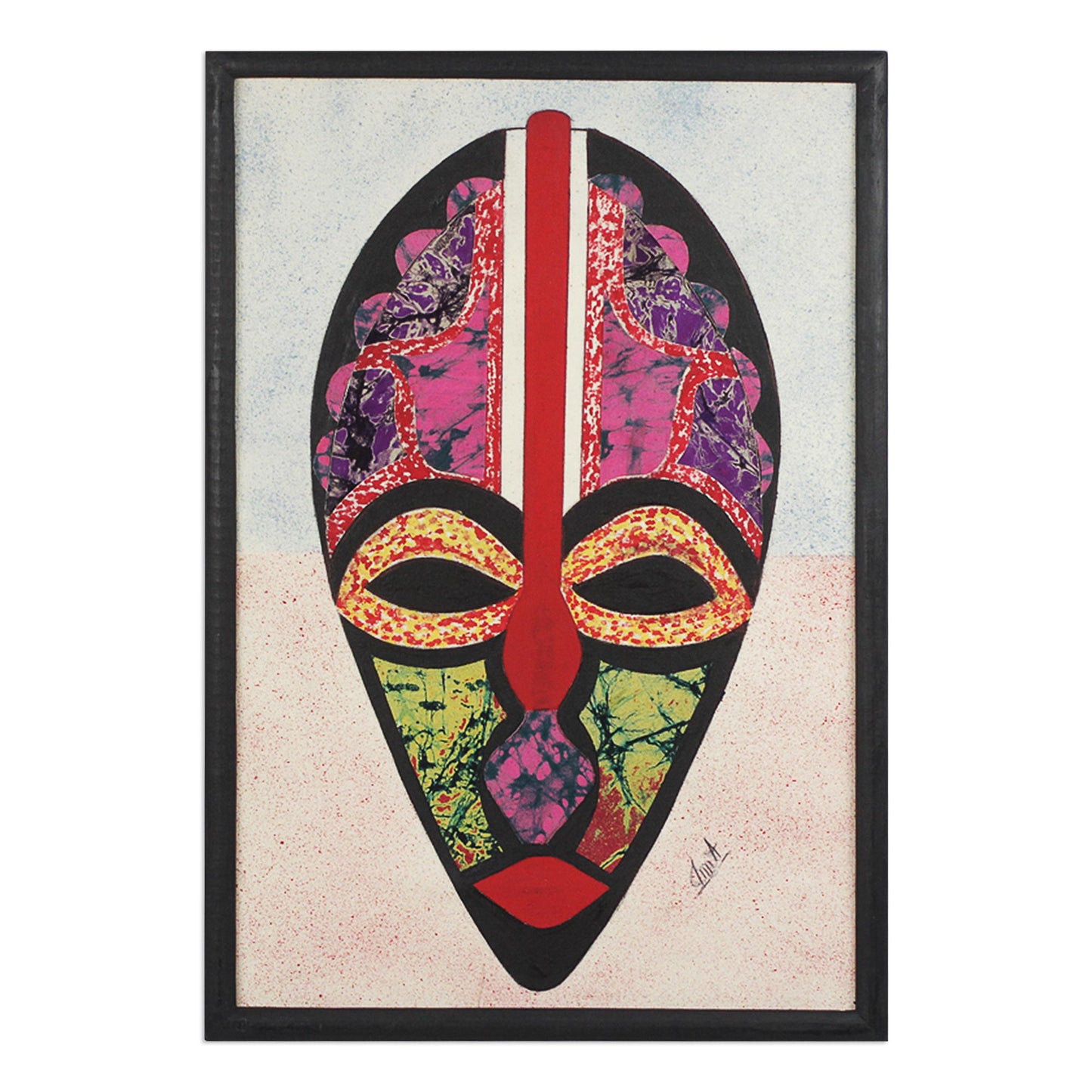 Odo Akan African Mask Oil on Cotton Batik Collage from Ghana