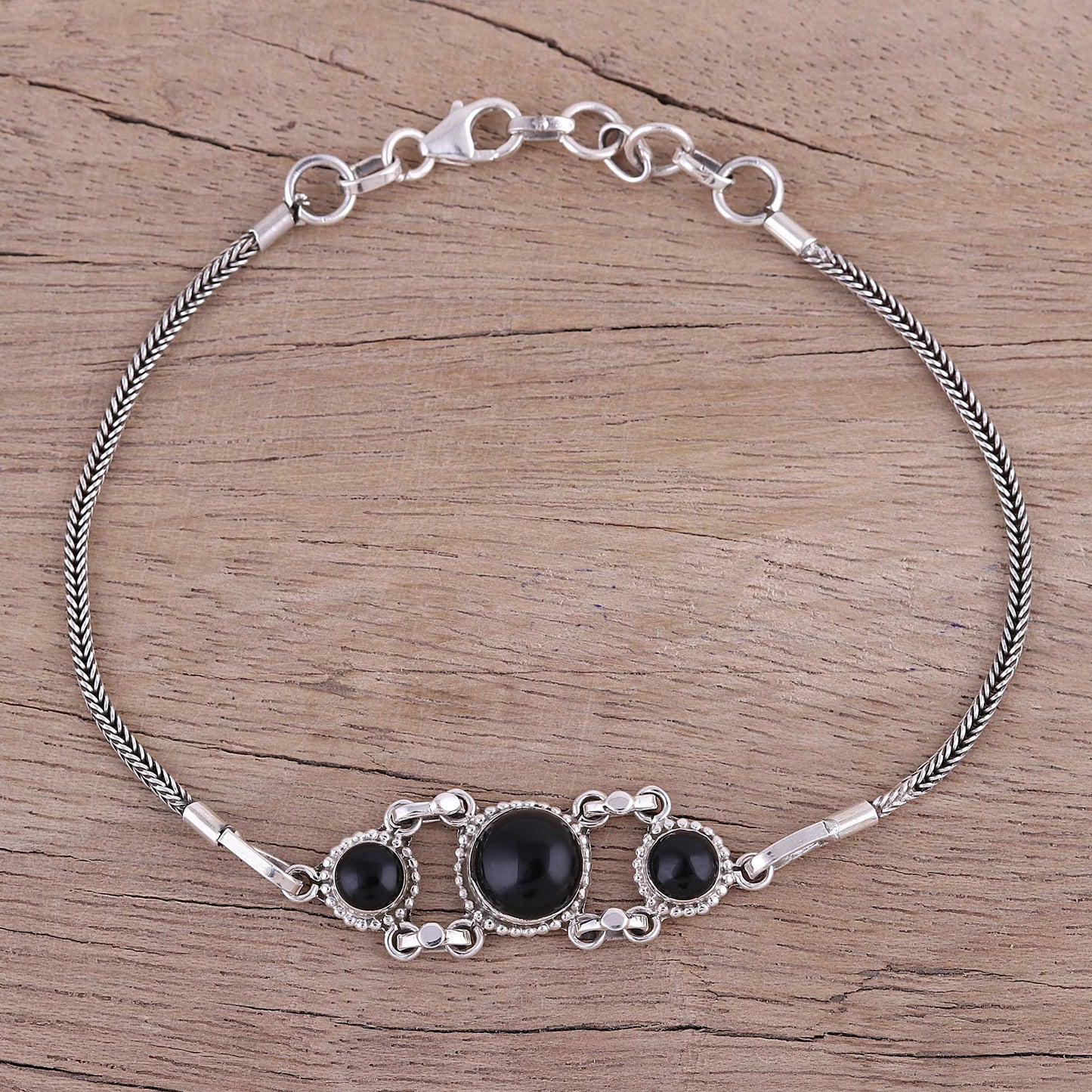 Bridge to Delhi Onyx Pendant Bracelet with Sterling Silver Foxtail Chain