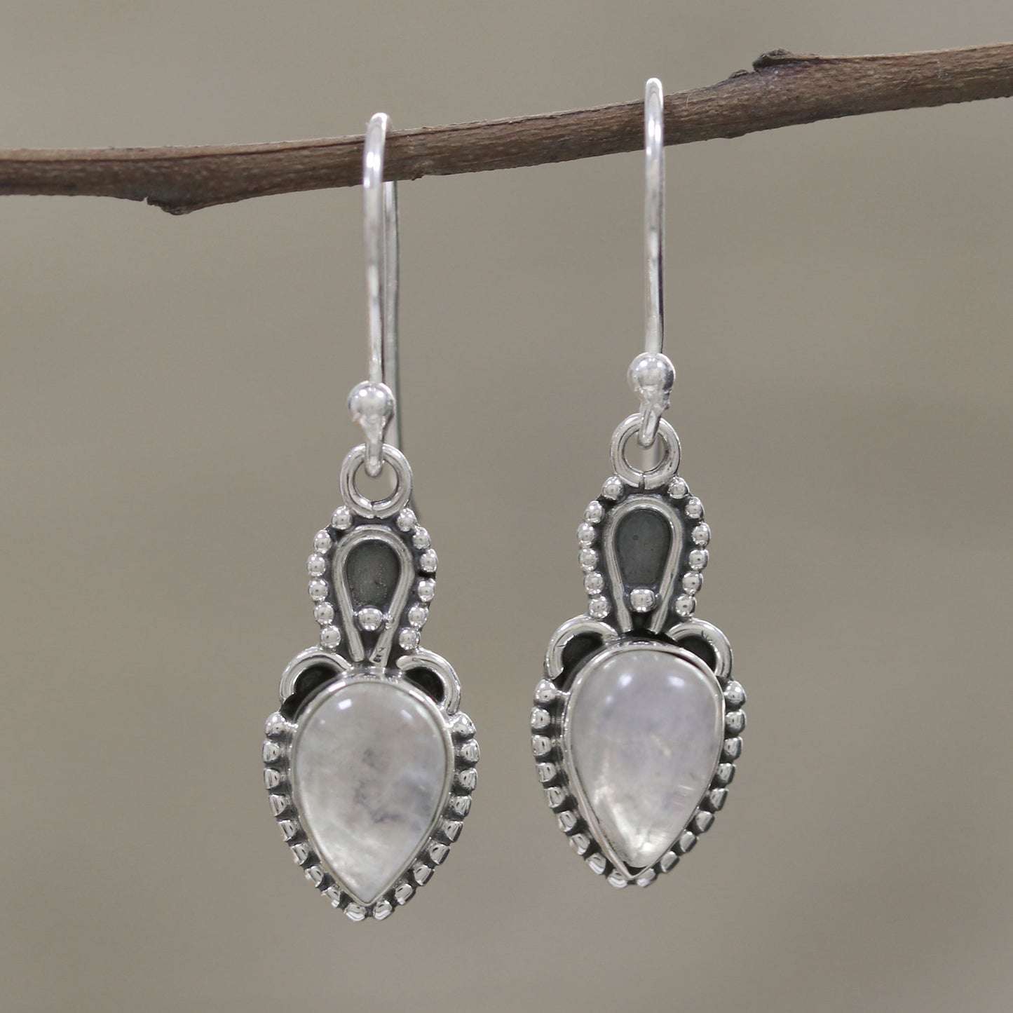 Earthly Crown Rainbow Moonstone Cabochon and Sterling Silver Earrings