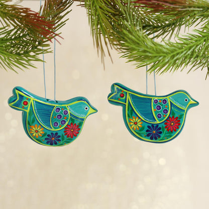 Turquoise Doves 2 Caribbean Blue Ceramic Handcrafted and Painted Ornaments