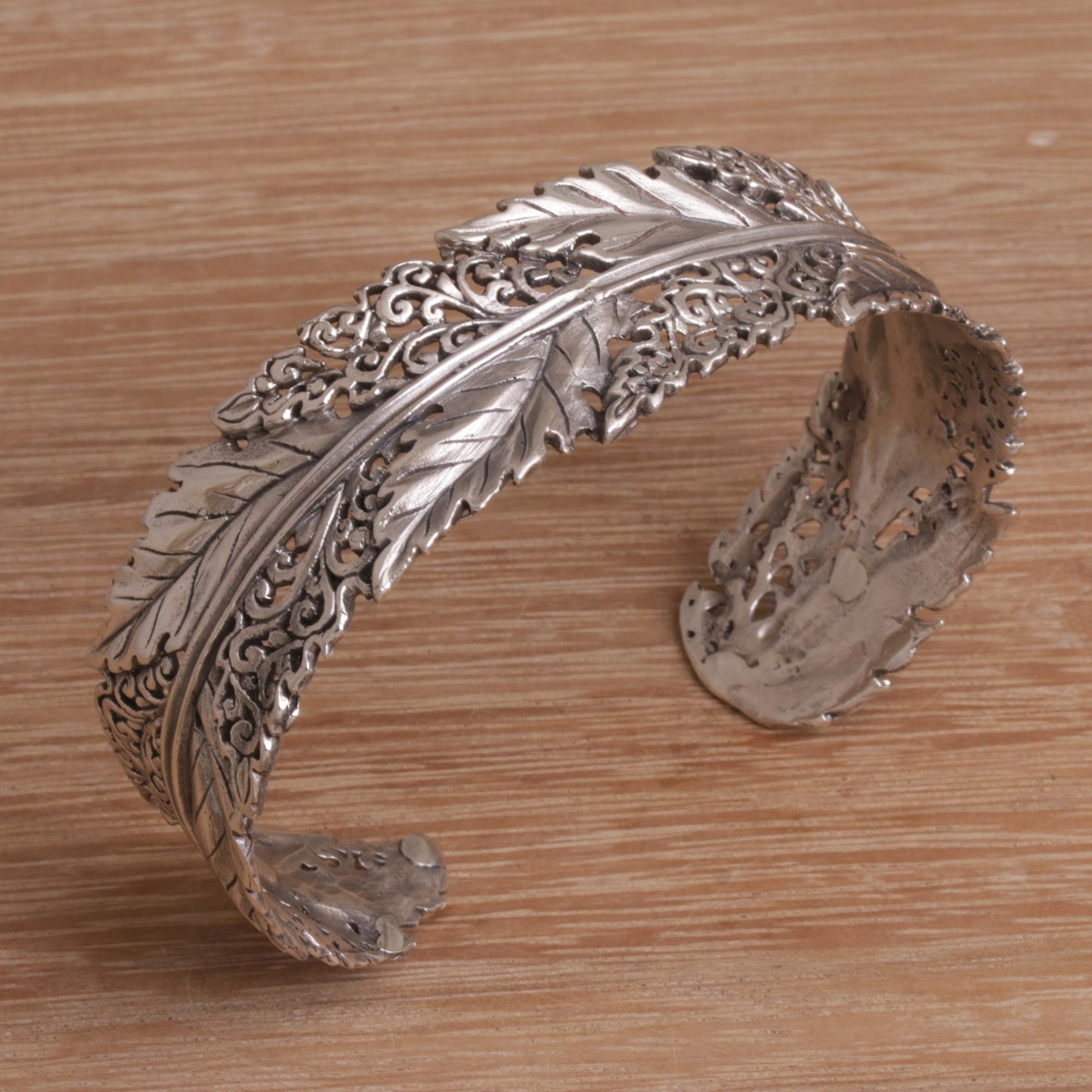 Flawless Leaves Leaf Motif Sterling Silver Cuff Bracelet from Bali