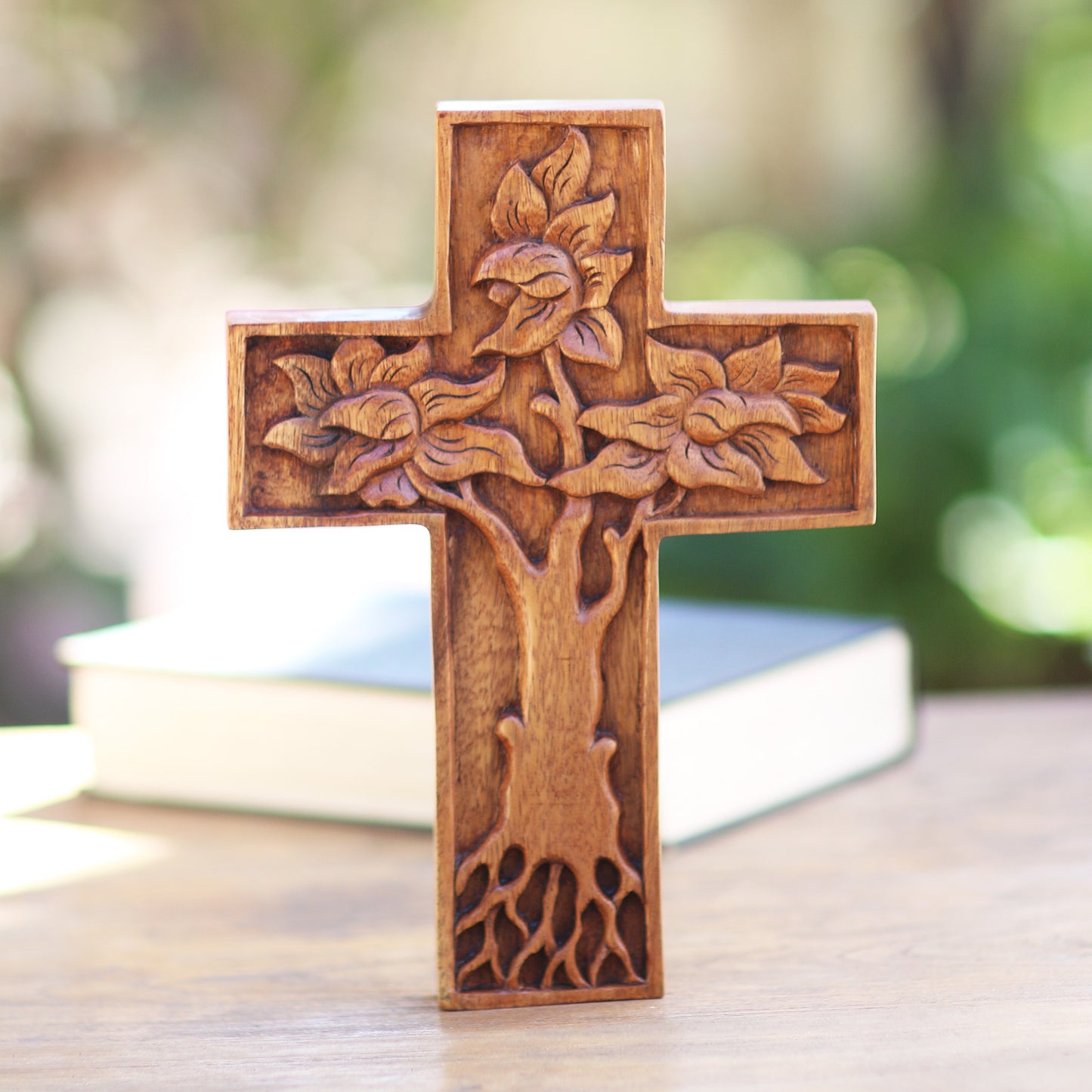 Peaceful Mangrove Hand-Carved Tree-Themed Suar Wood Wall Cross from Bali