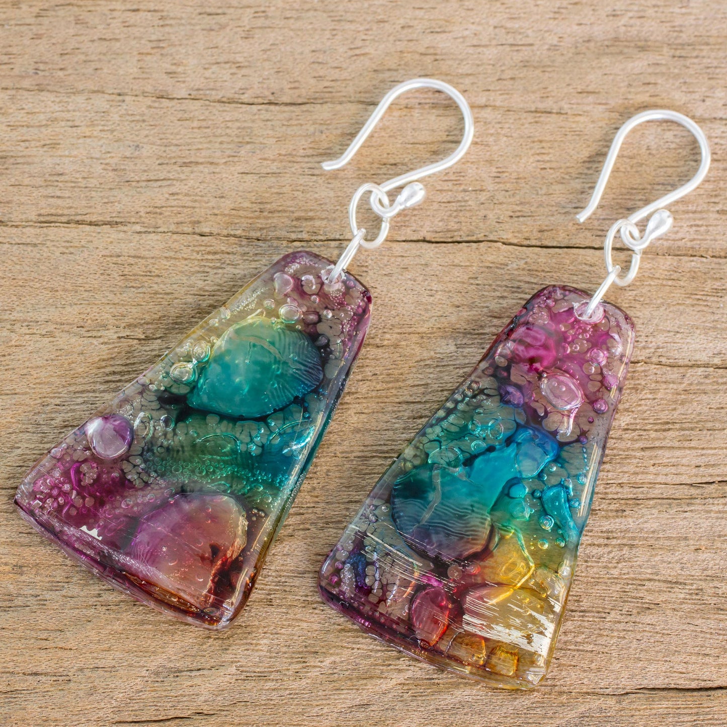 Color Explosion Yellow Turquoise and Purple Recycled CD Dangle Earrings