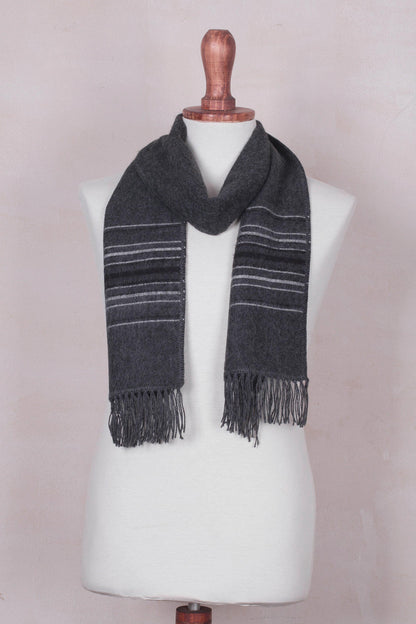 Andean Clouds in Charcoal Fair Trade Woven Dark Gray Alpaca Blend Scarf for Men