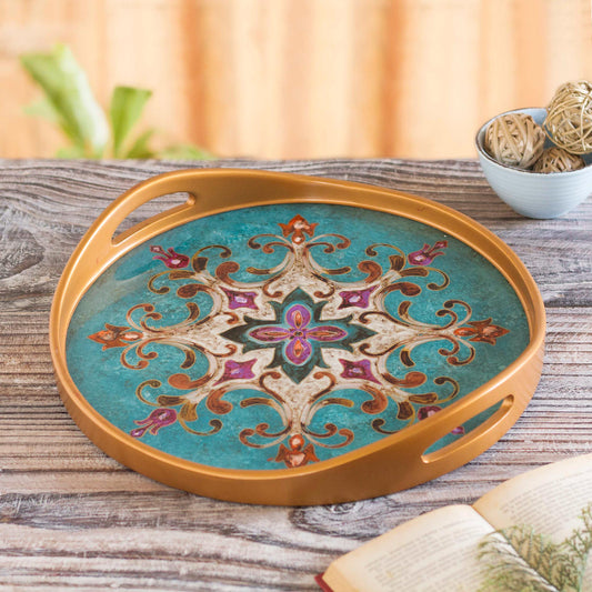 Colonial Elegance Reverse Painted Glass and Wood Turquoise Floral Round Tray