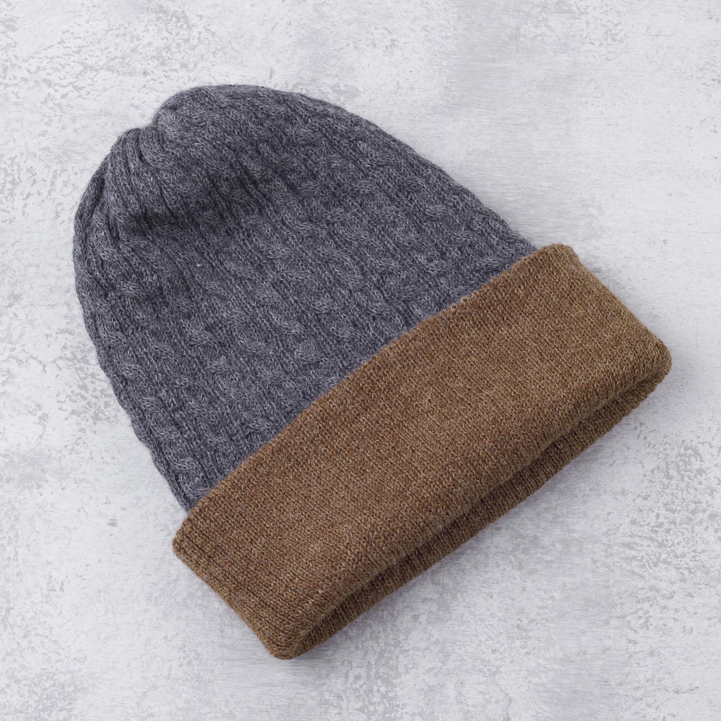 The Bells of Huancayo Men's Reversible Grey and Brown Alpaca Blend Hat from Peru