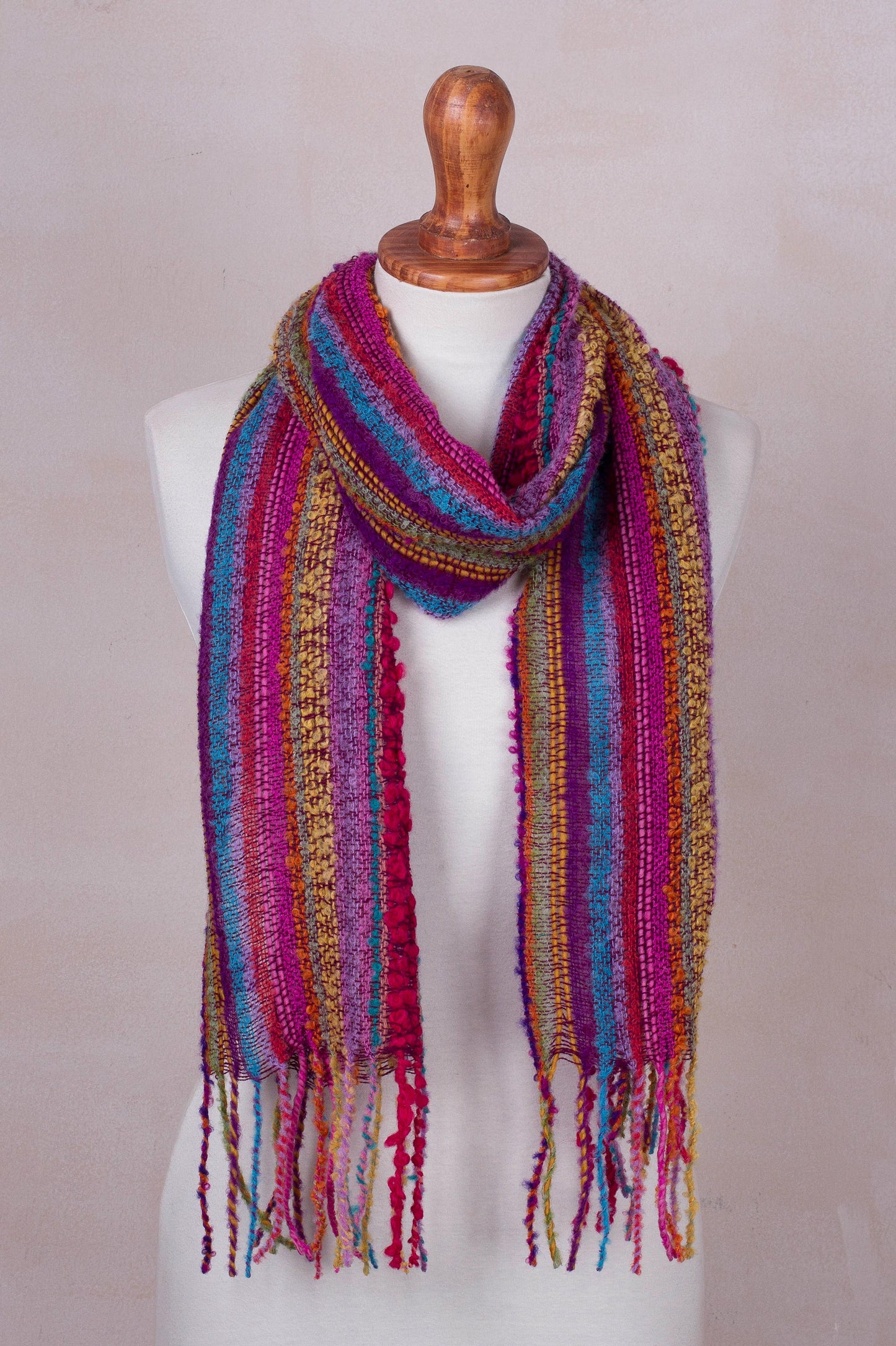 Draped with Color Baby Alpaca Blend Hand Woven Colorful Striped Scarf