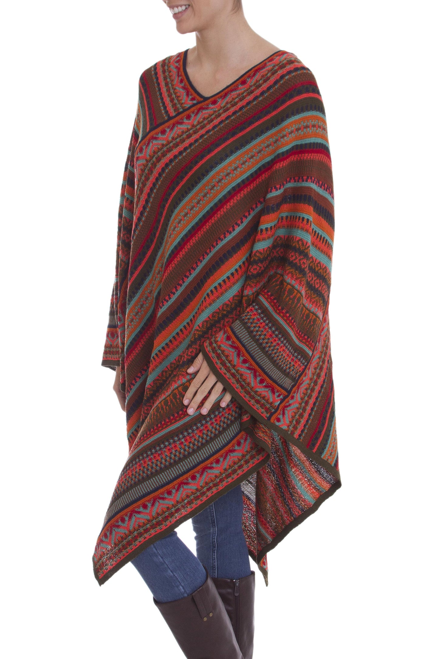 Rivers of Red Red and Multi-Color Striped Acrylic Knit Poncho