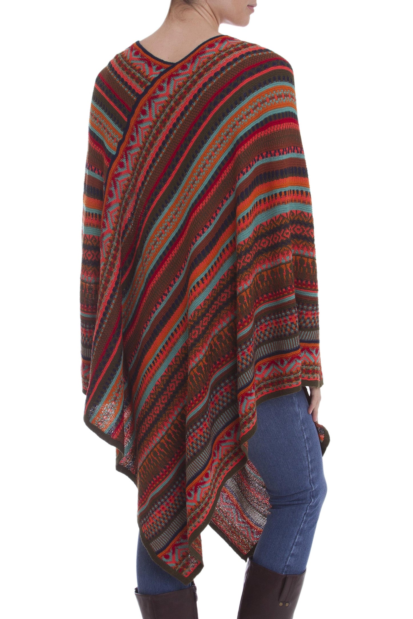 Rivers of Red Red and Multi-Color Striped Acrylic Knit Poncho