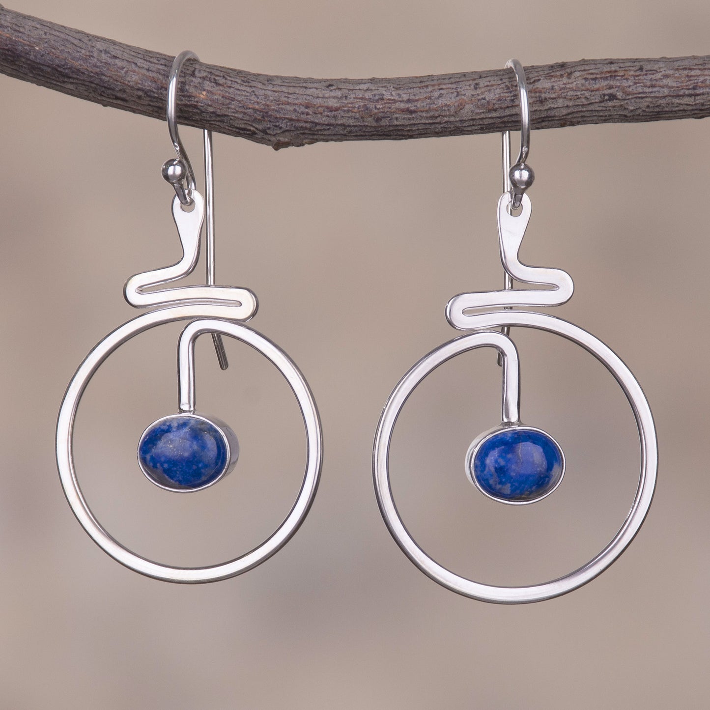 Swirling Moons Round Lapis Lazuli Dangle Earrings from Peru