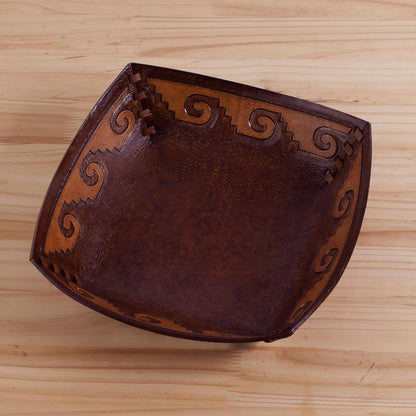 Inca Seacoast Handcrafted Tooled Leather Inca Wave Motif Catchall