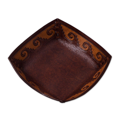 Inca Seacoast Handcrafted Tooled Leather Inca Wave Motif Catchall